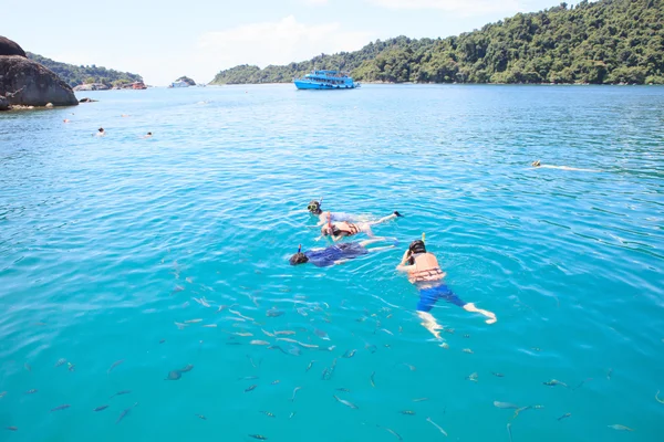 Touristen schnorcheln auf blauem Meerwasser — Stockfoto