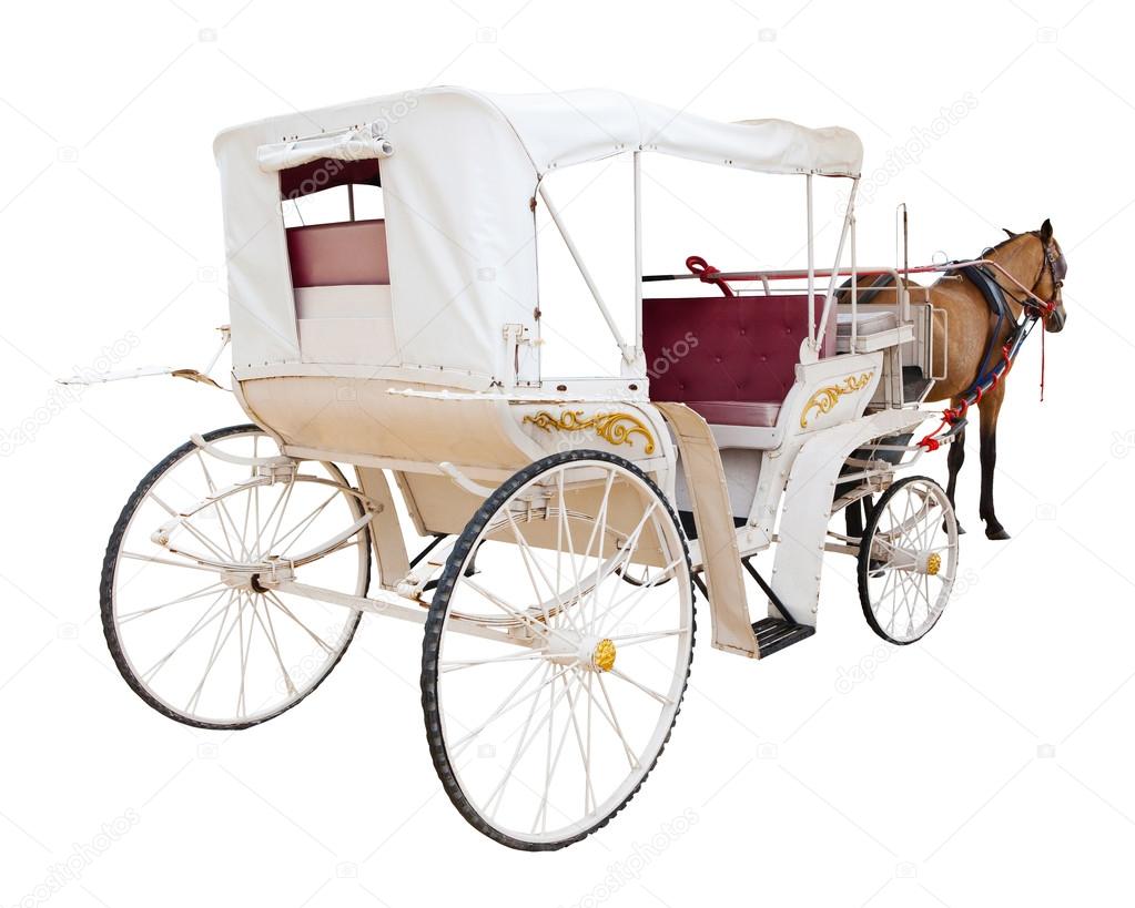 rear view of horse fairy tale carriage cabin isolated white back