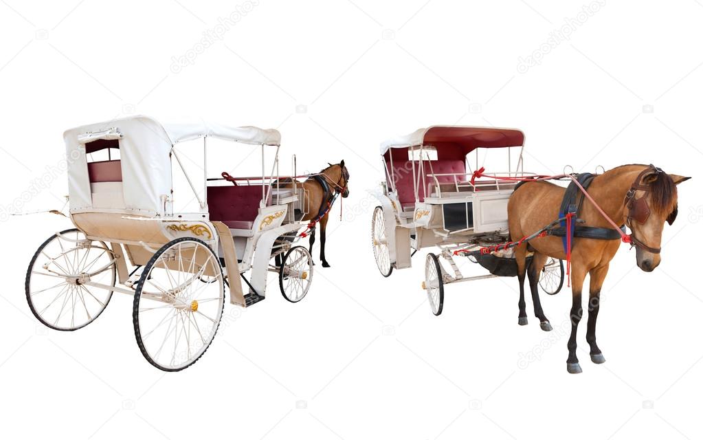 front and rear view of horse fairy tale carriage cabin isolated 