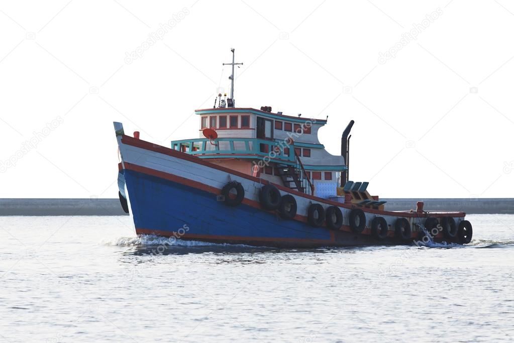 Tugboat running in river isolated whtie background