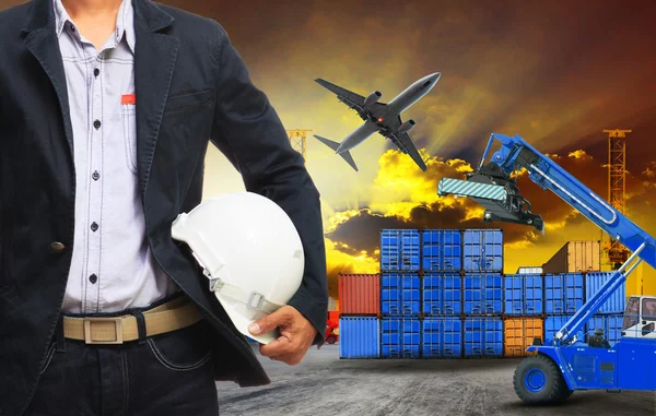 Working man and container dock in land ,air cargo logistic freig — Stock Photo, Image