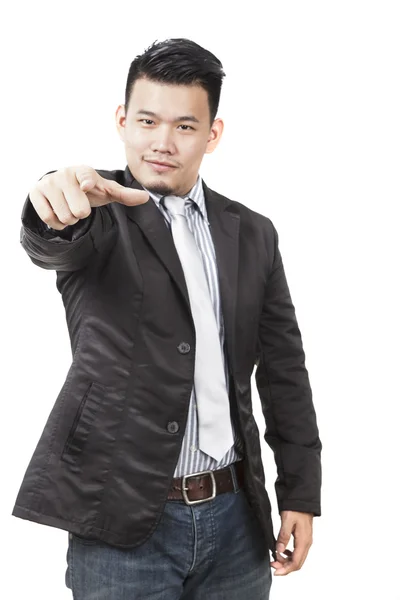 Face of asian man pointing hand to watching to isolated on white — Stock Photo, Image