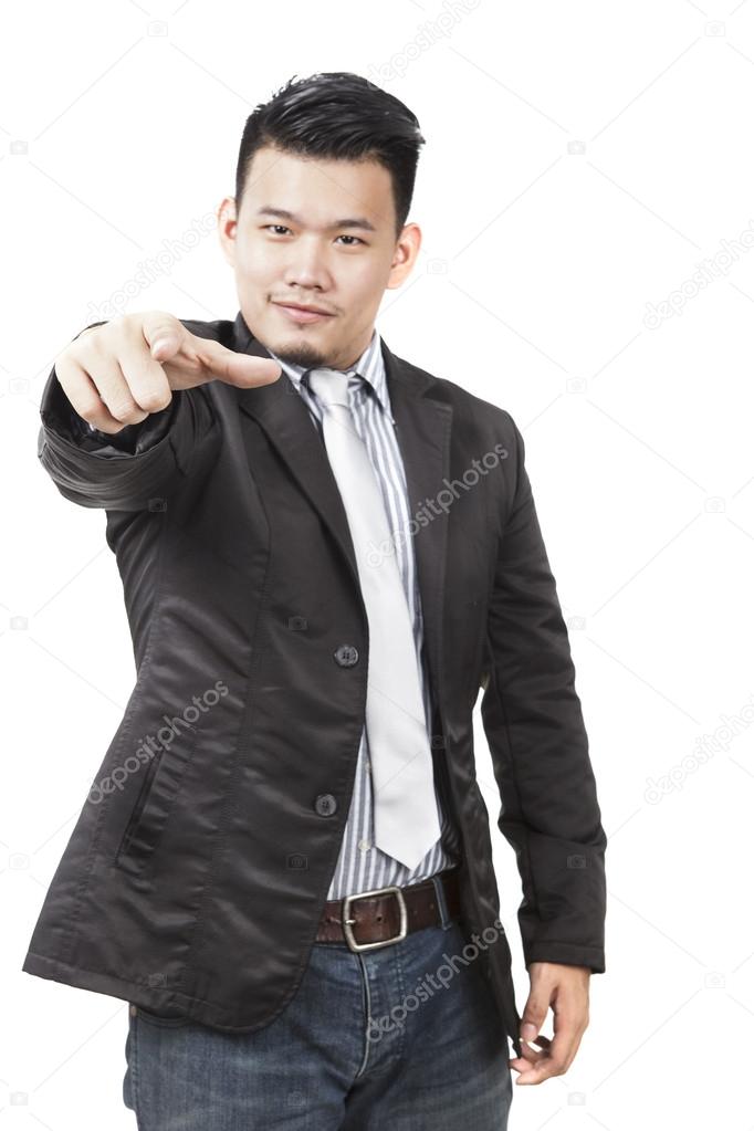 Face of asian man pointing hand to watching to isolated on white