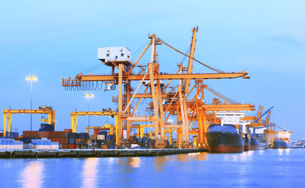 Пчелиный пейзаж тяжелого журавлиного инструмента в морском порту и
