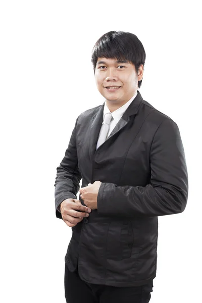 Young business man with western suit standing in front of white — Stock Photo, Image