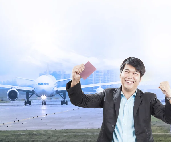 Young business man and visa passport in hand was approve with ha — Stock Photo, Image