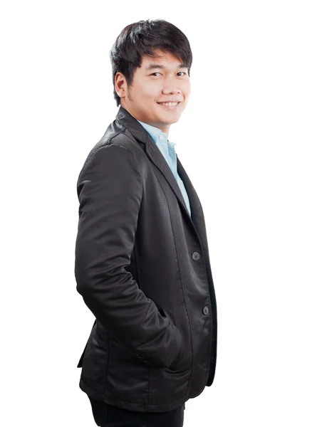 Portrait side view of young asian man with western suit standing — Stock Photo, Image