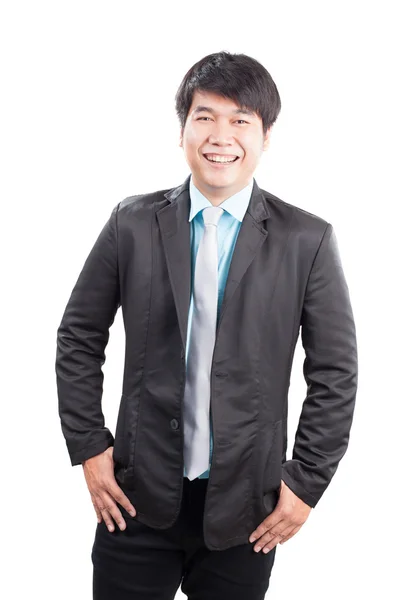 Портрет молодого бізнесмена в західному костюмі, з яким посміхається — стокове фото