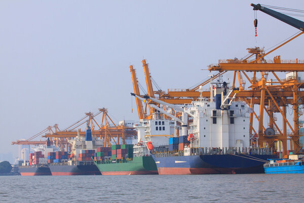 Commercial container ship on port use for water transport and sh