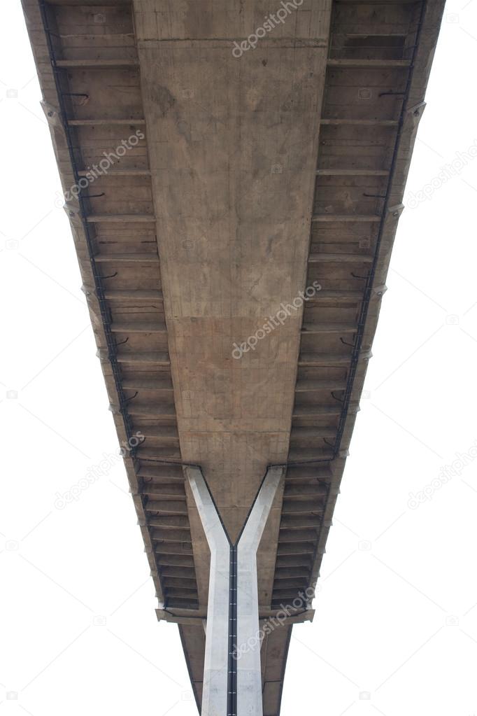 Under view of concrete bridge isolated white background