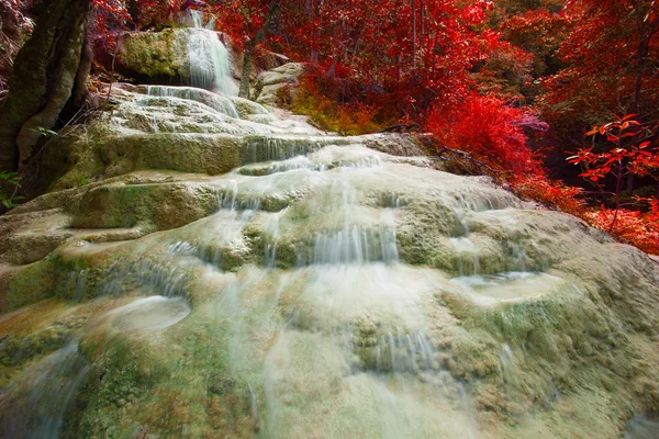 Wasserfälle aus Kalkstein und Pflanzen mit roten Blättern — Stockfoto