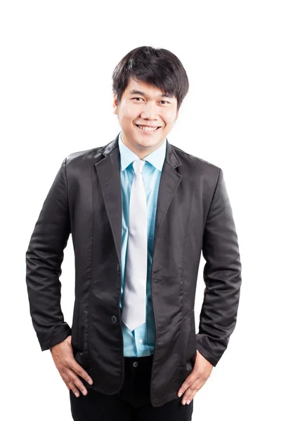 Retrato de jovem asiático homem de negócios toothy sorrindo isolado fundo branco — Fotografia de Stock