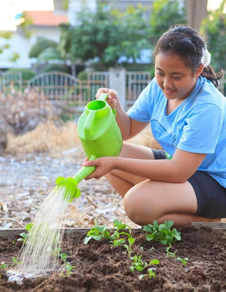 Fille arrosage plante légume dans la maison jardin champ famille relaxi — Photo