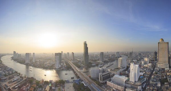 Panorama view beautiful curve of chao phraya river and high buil