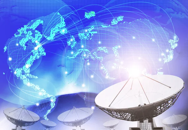 Satellite dish with blue theme of world connecting technology us — Stock Photo, Image