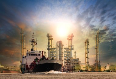 Gas tanker ship and oil refinery plant background use for oil ,f