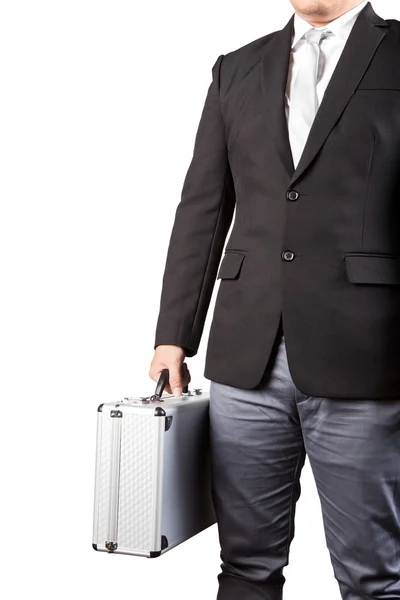 Young business man holding stong metal suitcase isolated white b — Stock Photo, Image