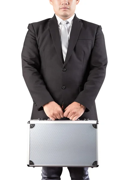 Giovane uomo d'affari che tiene forte valigetta in metallo in mano isolat — Foto Stock