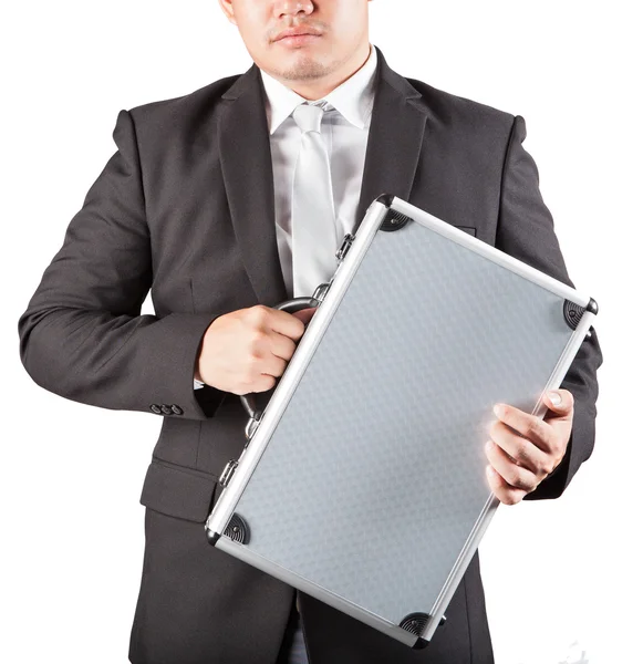 Affärsman håller metall starka portfölj isolerade vit backg — Stockfoto