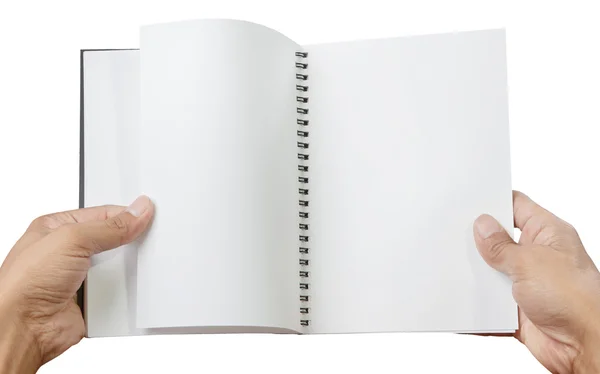 Hand holding open pagina met lege papier opmerking boek geïsoleerd wit — Stockfoto