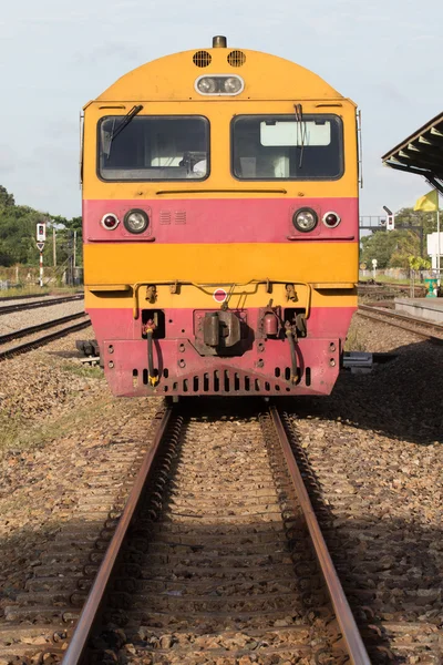 Front view of trains on railways track parking in railroads plat — Stock Photo, Image