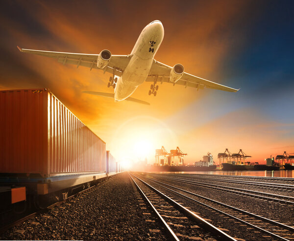 industry container trainst running on railways track plane cargo