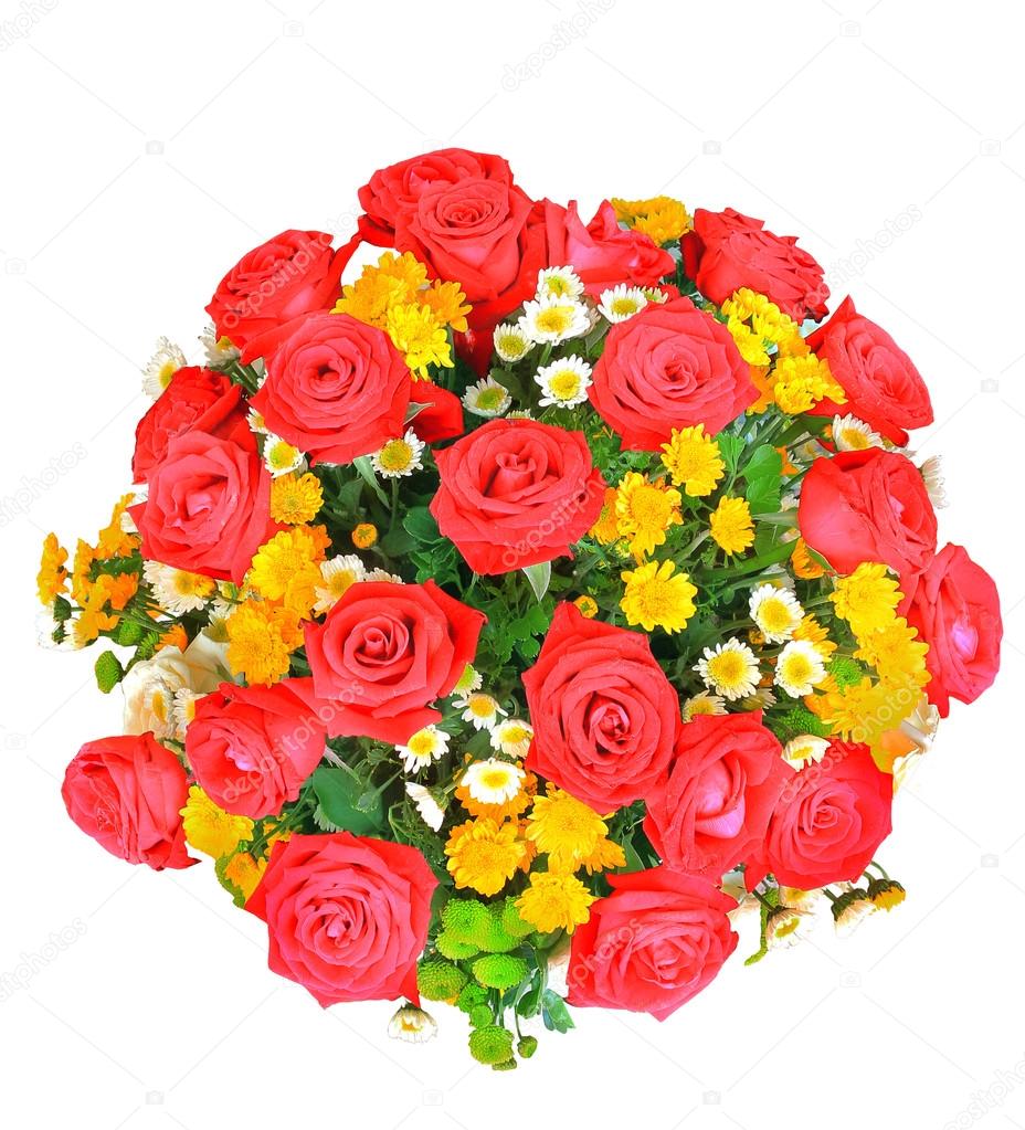 Top view of red and white roses flowers bouquet and yellow tulip