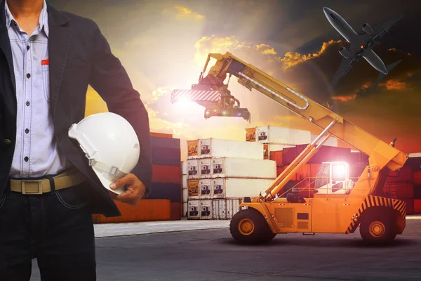 Manager man working in container dock use for transportation and — Stock Photo, Image