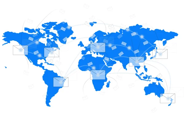 Белый конверт на карте мира — стоковое фото