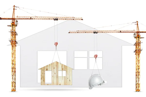 Construcción grúa elevación hogar y casco de seguridad en respaldo blanco —  Fotos de Stock