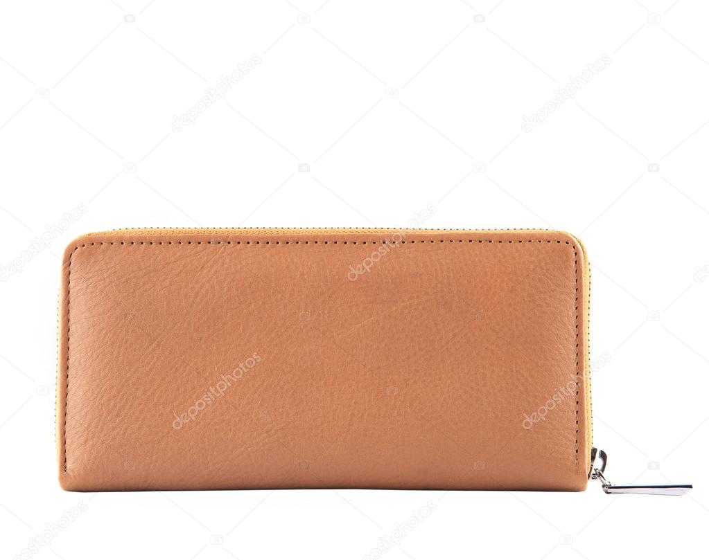 close up brown leather of luxury lady  clutch bag isolated white