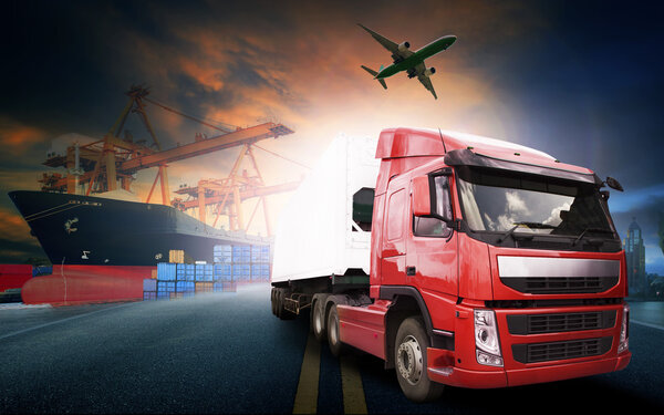 container truck ,ship in port and freight cargo plane in transpo