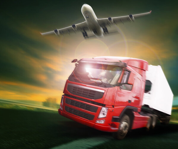 container truck and freight cargo plane flying above in land and