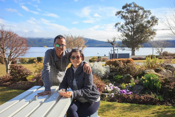 Thai people take a photo with happiness emotion at te anau — Foto Stock