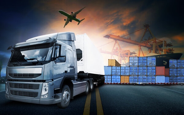 container truck ,ship in port and freight cargo plane in transpo