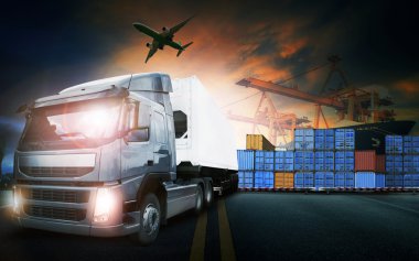 Konteyner kamyon, gemi transpo bağlantı noktası ve nakliye kargo uçağı