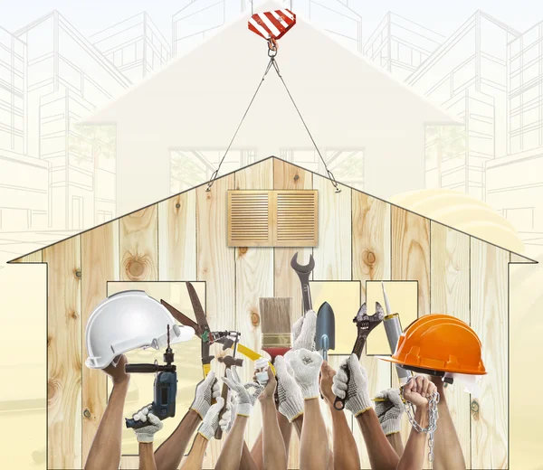 Home and hand rising diy tool equipment against wood house use f — Stock Photo, Image