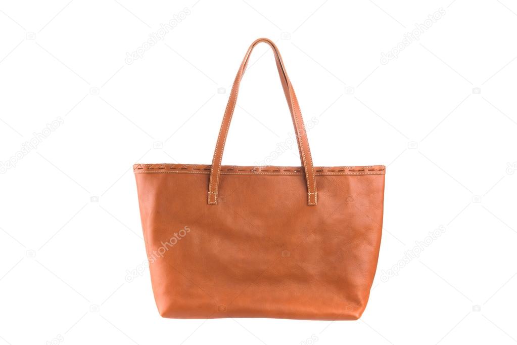 brown leather holding female fashion hand bag isolated backgroun
