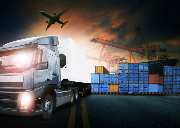 container truck ,ship in port and freight cargo plane in transpo