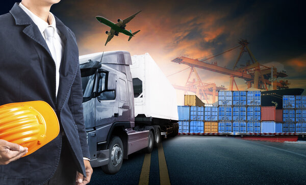 working man and container truck ,ship in port and freight cargo 