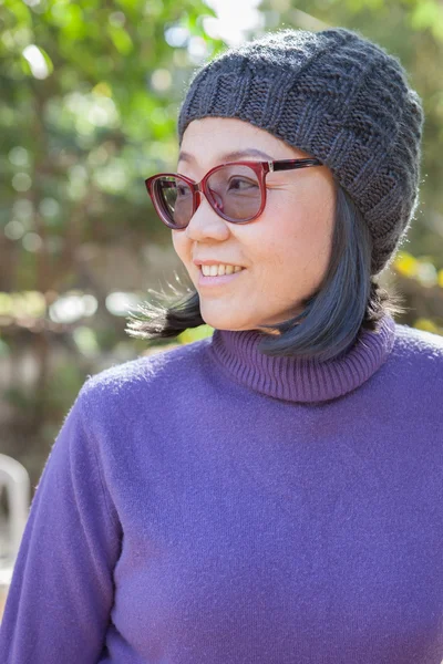 Portrait head shot of thai asian woman 40s years old wearing pur — Stock Photo, Image