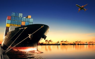 container ship in import,export port against beautiful morning l clipart