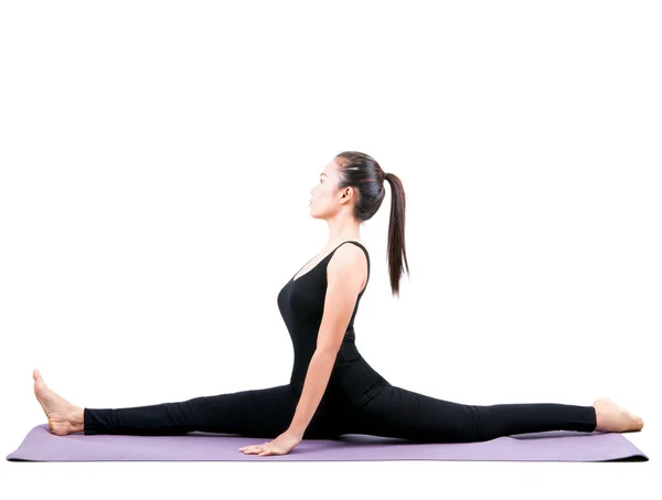 portrait of asian woman wearing black body suit sitting in yoga