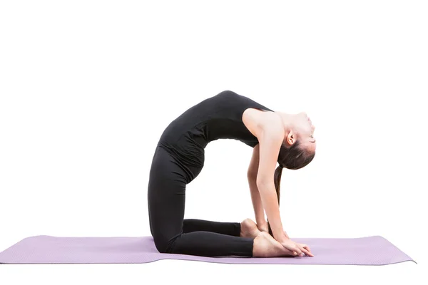 Portrait of asian woman wearing black body suit sitting in yoga — Stock Photo, Image