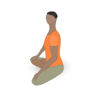 Lotus Asana 'da oturan bekar siyahi adam. Yan görünüş düz çizim. Nilüfer çiçeği pozunda meditasyon yapan beyaz arka plandaki adam..