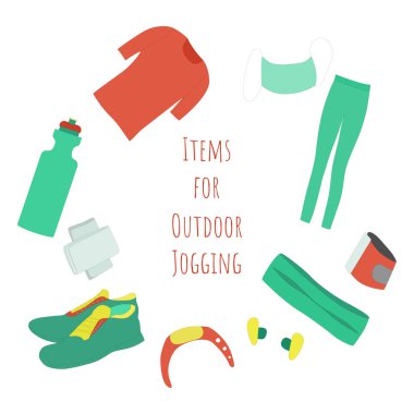 Koşu için bir takım ortak eşyalar. İzole edilmiş tişört, tayt, telefon tamircisi, su şişesi, spor bilekliği, kulaklıklar, spor ayakkabıları, peçeteler, eşyaları taşımak için kemer ve kalabalık ve kirli yerler için maske..