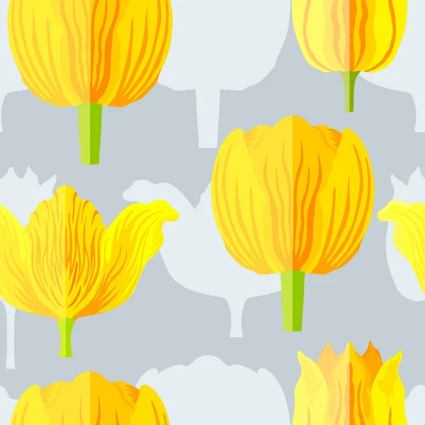 Seamless Pattern Three Types Yellow Orange Tulips Blue Silhouettes Same — Stock Vector