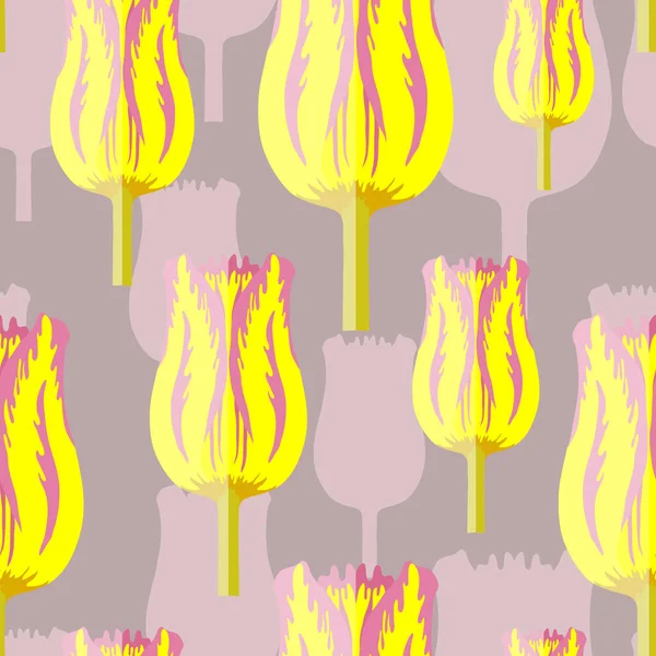 Padrão Sem Costura Com Lilás Varietal Tulipa Amarela Silhuetas Lilás — Vetor de Stock