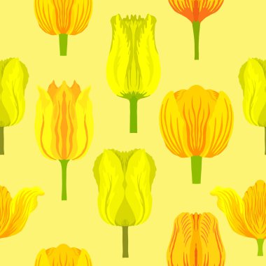 Değişik canlı sarı laleleri olan kusursuz bir desen. Açık sarı arka planda renkli laleler. Yapraksız simetrik lale. Kumaş, baskı, ağ kullanımı vb..