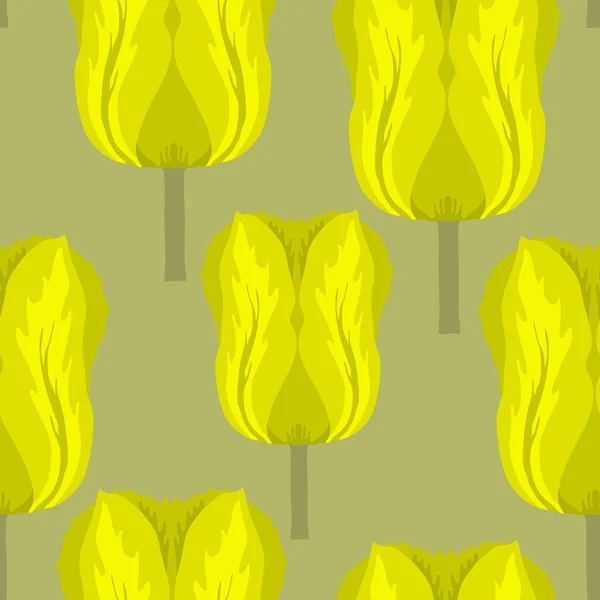 Płynny Wzór Odmianowymi Żywymi Zielonymi Żółtymi Tulipanami Tulipany Kolorowe Głowy — Wektor stockowy